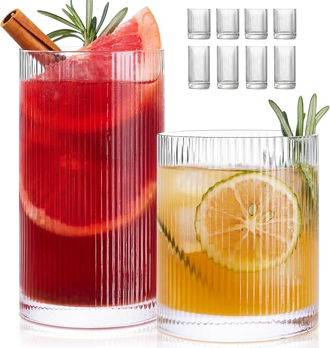 LUNA & MANTHA Ribbed Glasses Drinking Set of 8-17oz Large Capacity Highball Glasses, 12oz Rocks Glass Cups, Vintage Cocktail Glasses, Ideal for, Water, Ice Coffee Cup, Whiskey, Mixed Drinkware