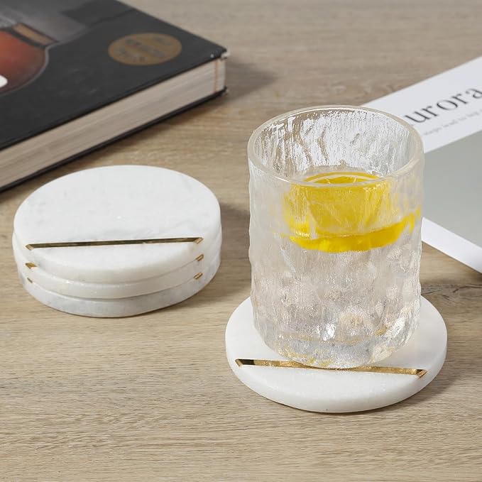 Koville Marble Coaster Set of 4, Round Coasters, 4" Stone Coaster for Drinks Coffee, White Marble with Gold Brass Coasters for Coffee Table Home Bar Decor, Heat Resistant, Gift Choice