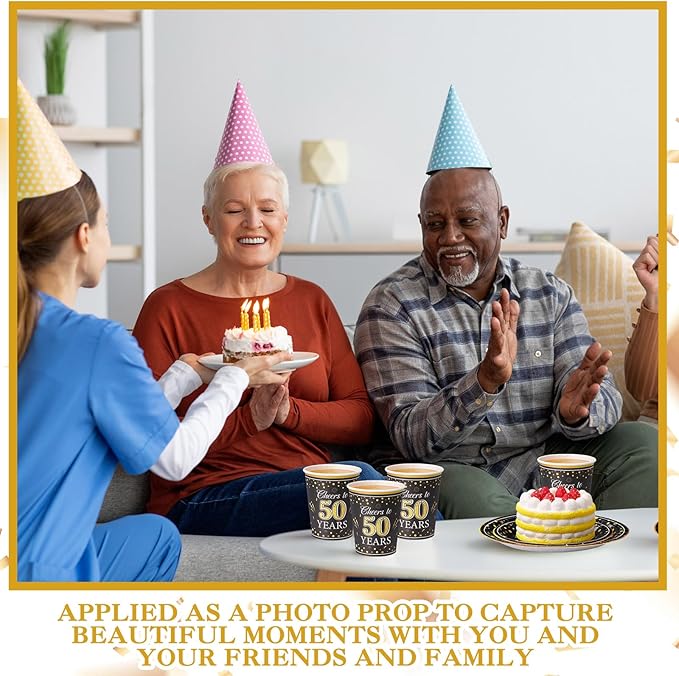 Pickmesh 250 Pcs 50th Birthday Disposable Tableware Set Black and Gold Cheers to 50 Years Disposable Paper Plates Napkins and Cups for 50th Birthday Wedding Anniversary Supplies Decorations