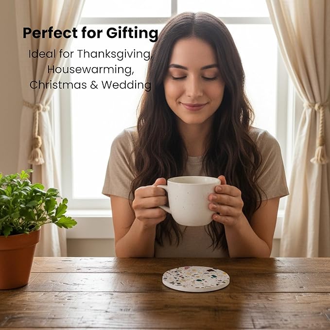 Absorbent Terrazzo Drink Coasters Set of 6 with Holder, Ceramic Drink Coasters for Coffee Table Decor, Water-Absorbing Stone Coasters (Mosaic)