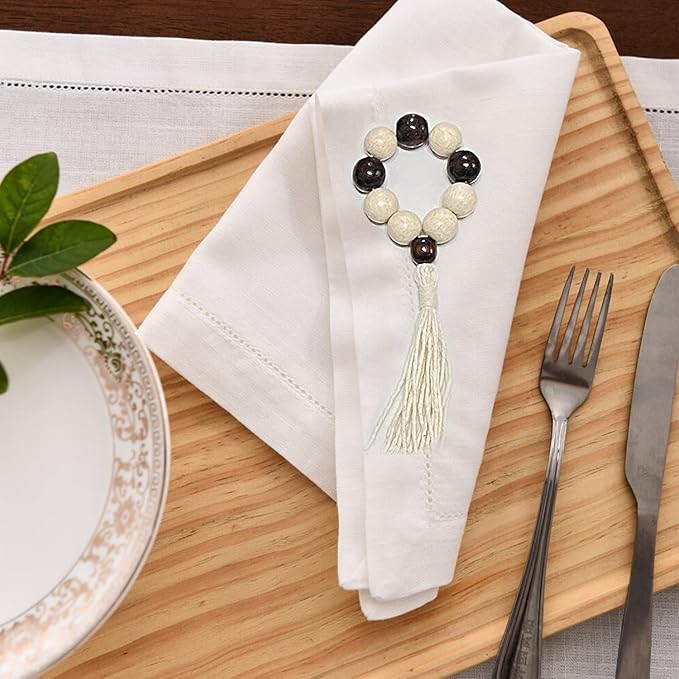 Napkin Rings Set of 6 - Wooden Beads Napkin Rings | Rustic Wooden Napkin Ring Holder for Table Decoration | Handmade LEBEJUA Napkin Ring with Wood Beads & Tassels - Farmhouse Napkin Holder Boho Style