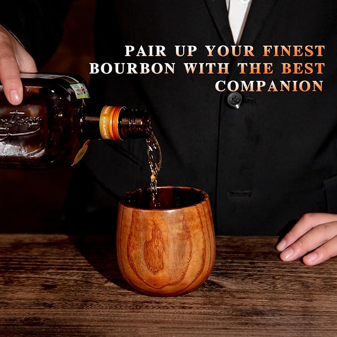 Charred Wooden Bourbon Drinking Glass 2 Pack, 11OZ Birthday Whiskey Glasses Gifts for Men, Dad, Wooden Old Fashioned Glass, Whiskey Tumbler