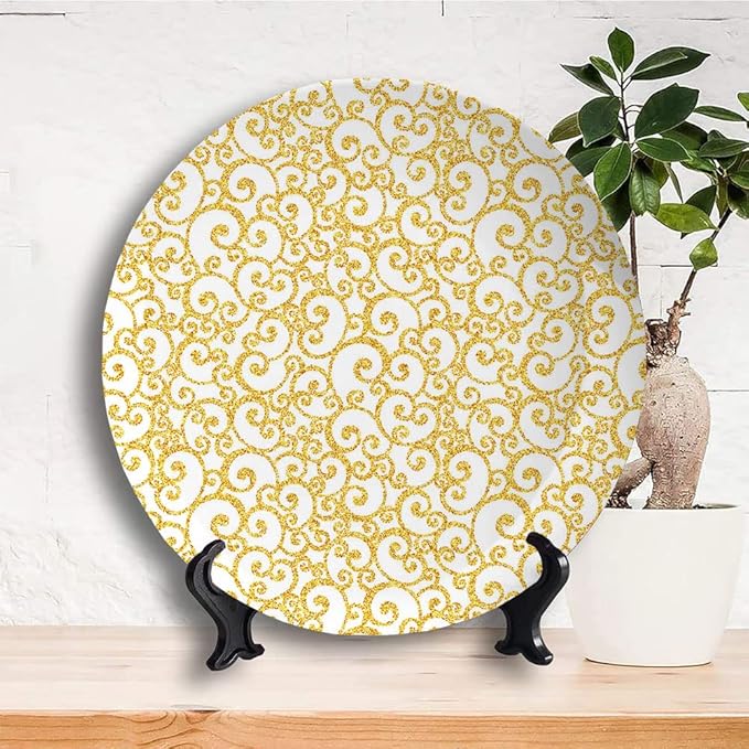 Ceramic Plates, Victorian Decorative Ceramic Plates, Swirling Lines Floral, 8 Inch, Household Plates Decorative, Golden