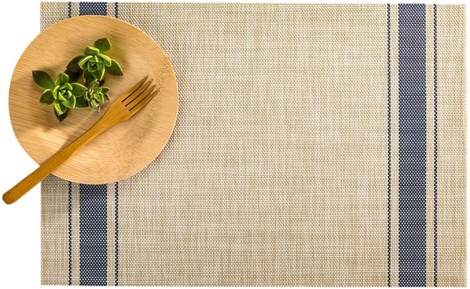 Restaurantware French Countryside 16 x 12 Inch Dining Table Placemats Set Of 6 Heat-Tolerant Kitchen Table Mats - Navy Stripe No Stain Khaki Vinyl Woven Rectangle Placemats Easy To Clean