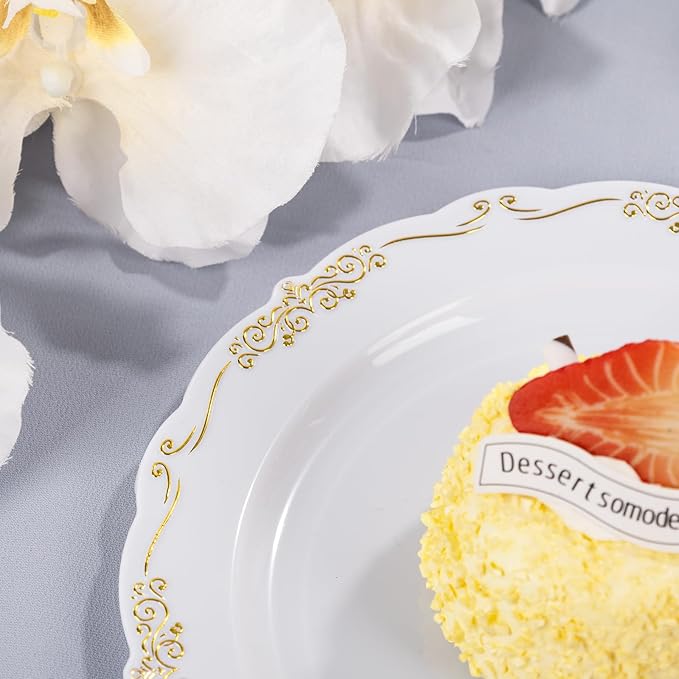 DaYammi 60PCS White and Gold Plastic Plates, Disposable Heavy Duty Plates Premium 7.5inch White Dessert Cake Salad Appetizer Plates Hard Plastic Platos Disposable for Party Wedding