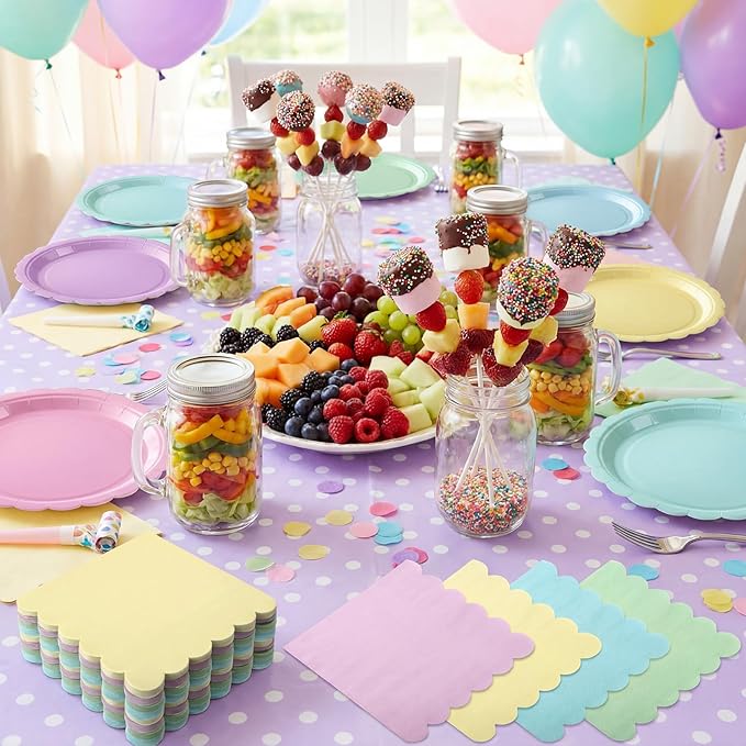 110 Pcs Pastel Party Supplies Plates and Napkins Tableware Set Serve 25 Guests Includes Scalloped 9" Paper Plates 7" Dessert Dinner Plate Colorful Napkins for Birthday Wedding Baby Shower