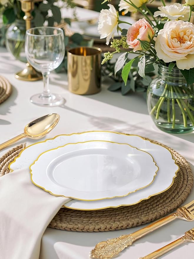 WDF 100pcs Gold Plastic Plates - High-end Baroque Design - Heavy Duty White &Gold Wedding Plates Set Ideal for Weddings/Party/Bridal Shower/Valentine's Day