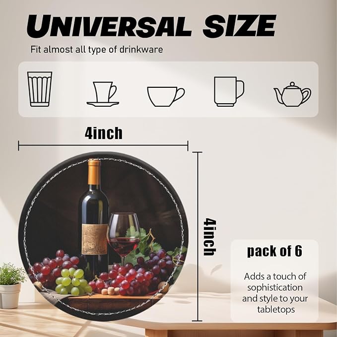 Coasters for Drinks PU Leather,Set of 6 with Holder,Round Housewarming Gift Home Decor,Red Wine and Grapes