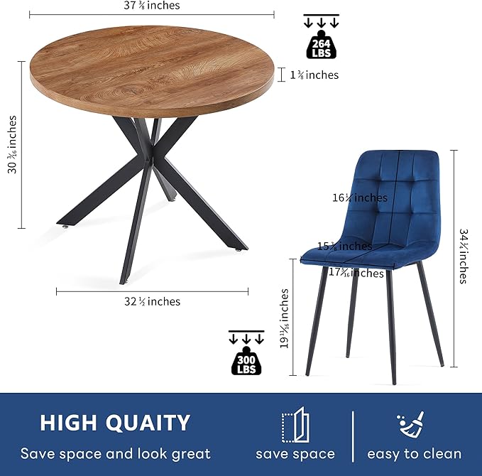 Kitchen Table Set for 4, Modern MDF Round Dining Table Set with 4 Navy Blue Dining Chairs, Upholstered Velvet Home Kitchen Chairs Armless for Space Saving