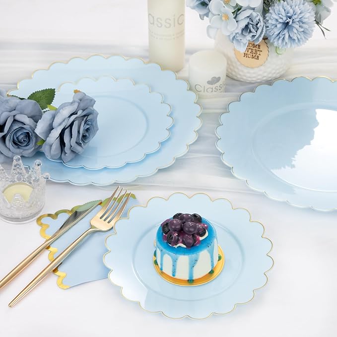 LIYH 210 Pcs Light Blue Plastic Dinnerware Set - Baby Blue Plastic Plates Napkins with Gold Foil Include Bridal Shower Plates Disposable Gold Silverware Napkins Cups for Birthday 30 Guests