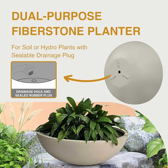 6.9" H x 19.7" D Round Bowl Fiberstone Planter for Succulent and Lotus with Drainage Hole, Smooth Finishes, Weather Resistant, Included 2 Extra Coco Mats (Taupe, 17.9" Pot Opening)