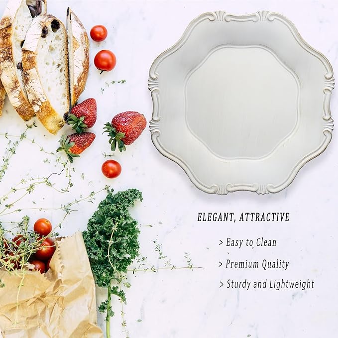 White Charger Plates Set of 6, Decorative Table Plastic Chargers for Dinner Plates, Party, Wedding, Thanksgiving, Christmas， JX11W