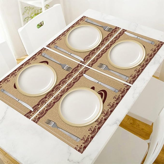 Vintage Coffee Theme Placemat Set, Minimal Rustic Farmhouse Brown Beige Geometric Coffee Cup Beans Seamless Pattern Home Decor Linen Table Mats for Dining Room Kitchen Party (17x12in) x6P