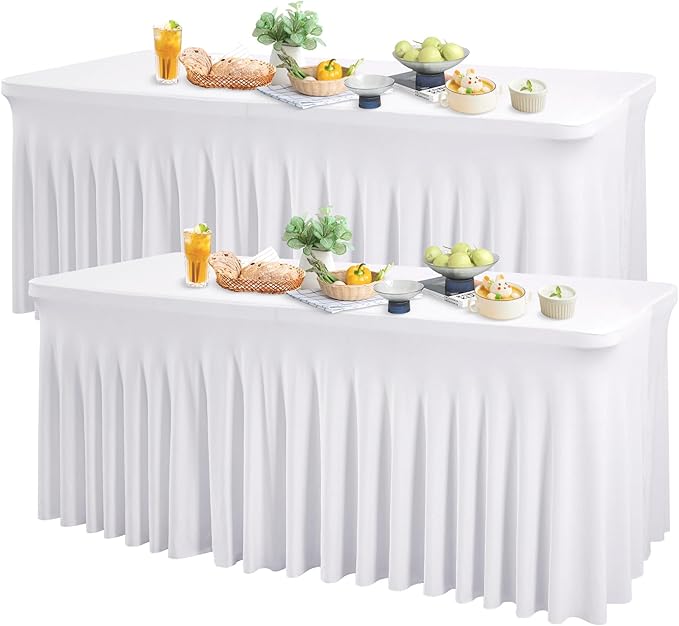 Wish Care 2 Pack White Spandex Table Clothes for 4 Foot Rectangle Tables, 4FT Wrinkle Free Fitted Tablecloths Ruffles Design Table Cover for Party, Banquet, Wedding and Events