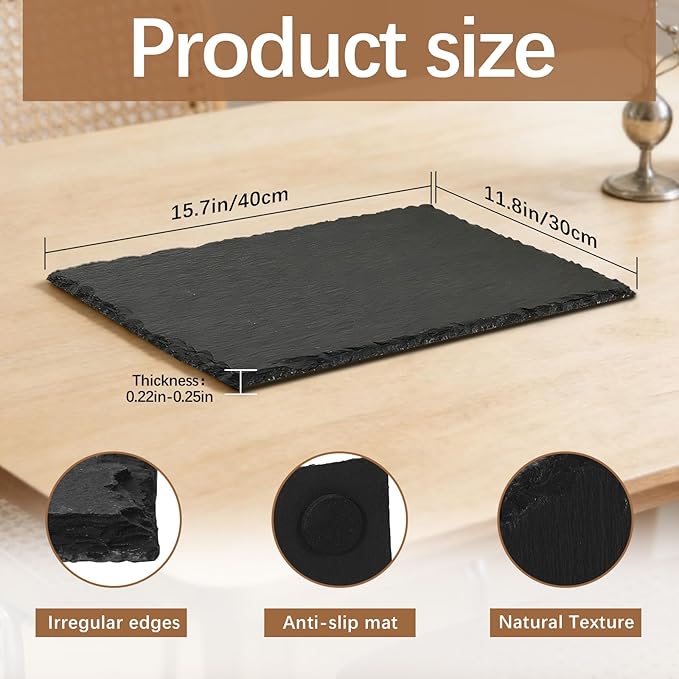 2PCS 16inch*12inch Slate Cheese Board Tray charcuterie Boards Slate placemats,Natural Food Contact Safe Stone,Suitable for Sushi, Party, Gift, Fruit, Meat