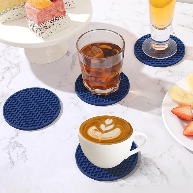 Silicone Coaster Set of 16 with Holder, Drinks Coasters, Suitable for All Cups, Hot or Cold, Anti-Slip, Non-Stick, Anti-Overflow Tabletop Protection and Decor (Navy Blue, 16 Pcs)