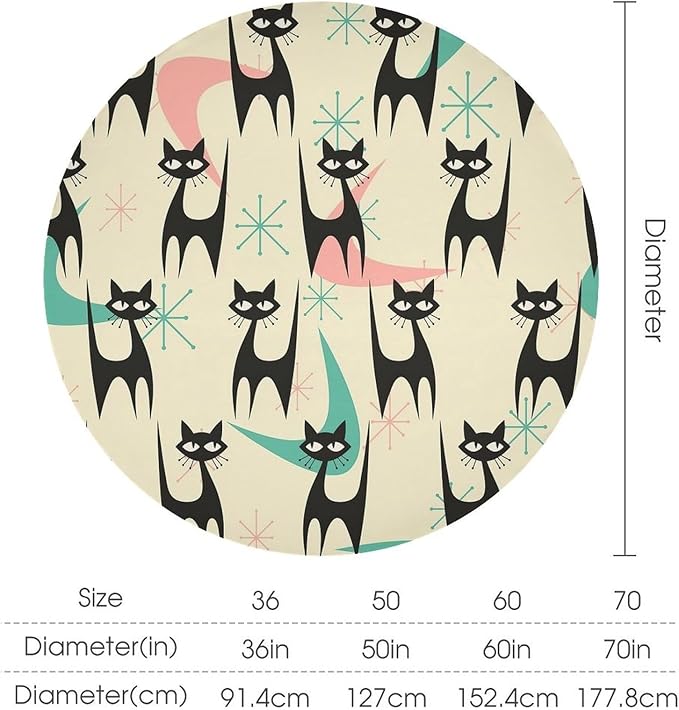 Mid Century Colorful Modern Cat Round Tablecloth, Medieval Bohemian Abstract Animal Tablecloth for Home Party Dining Room Kitchen Decor 60Inch(152cm)