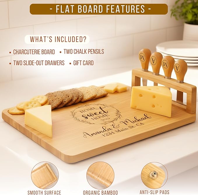 Personalized Bamboo Charcuterie Board Set with Accessories – Custom Large Serving Tray with Knives for Wedding, Anniversary, Bridal Shower, Women, Housewarming, Gift for Couples, Valentines Day Gifts