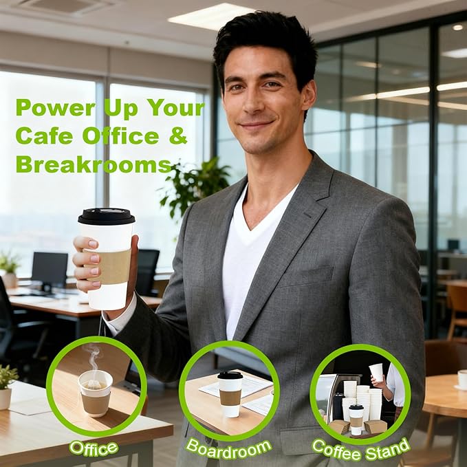 100 Pack 12 oz Disposable Coffee Cups with Lids and Sleeves, Leak-Proof To Go Coffee Cups, PLA White Paper Coffee Cups for Hot Beverage