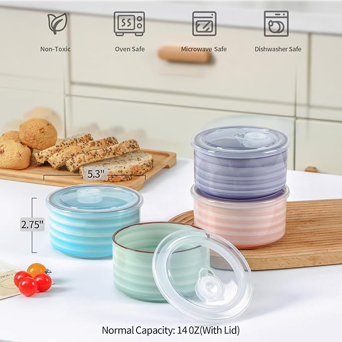 Selamica Ceramic Bowls with Lids, 14 OZ Microwave Safe Bowls with Lids for Lunch Picnic, 5 Inch Ceramic Food Storage Containers for Leftovers, Soup, Salad, Meal Prep, Cereal, Set of 4, Gradient Color