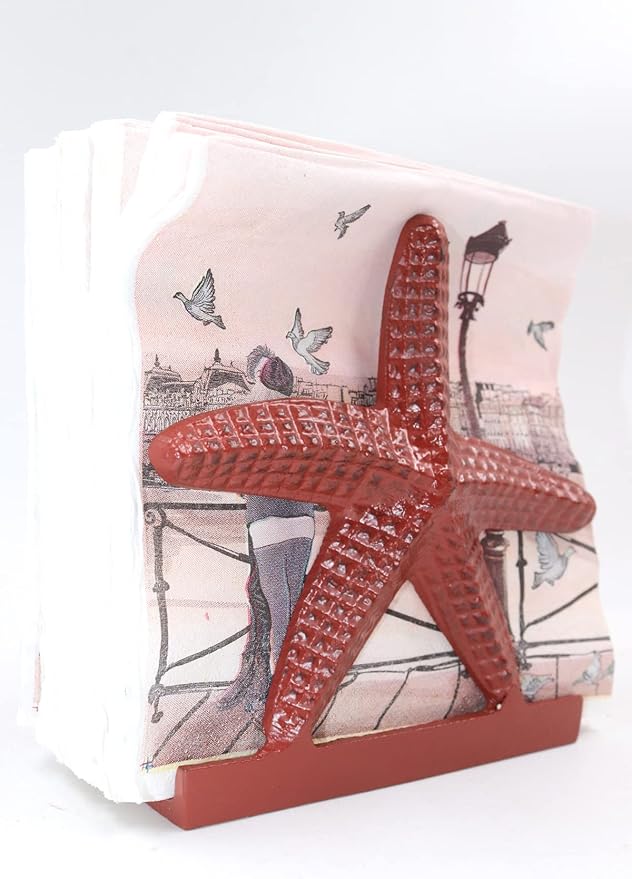 Nautical Starfish Lunch Dinner Metal Napkin Holder Kitchen Beverage Cocktail Ocean Coastal Napkin Holder By The Metal Magician (Distressed Red)
