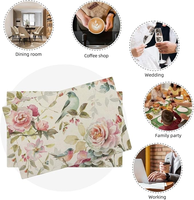 Floral Placemats Set of 4 Vintage Watercolor Bird Flower Decor Place Mats 12x18 Inch Spring Summer Seasonal Decorative Linen Table Mats for Home Kitchen Dining Party Table Decoration