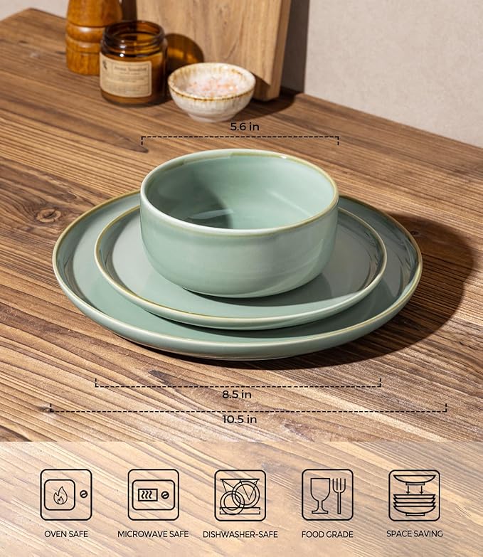 TheTerra Ceramic Dinnerware Sets for 4, 12 Pieces Handmade Reactive Glaze Plates and Bowls Set, Scratch Resistant Dish Set, Oven & Microwave & Dishwasher Safe, Eucalyptus