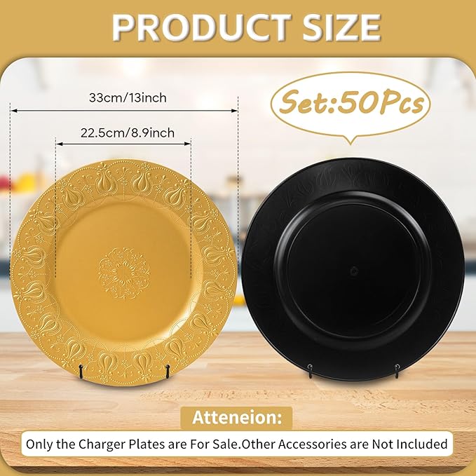 PROY 50 Pcs Gold Charger Plates Bulk, Premium Gold Round Chargers for Dinner Plates, Table Chargers for Table Setting, Wedding