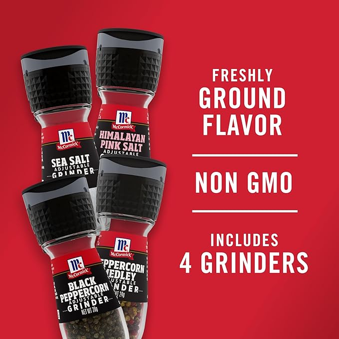 McCormick Salt & Pepper Grinder Variety Pack, Himalayan Pink Salt, Sea Salt, Black Peppercorn, and Peppercorn Medley, 6.47 oz