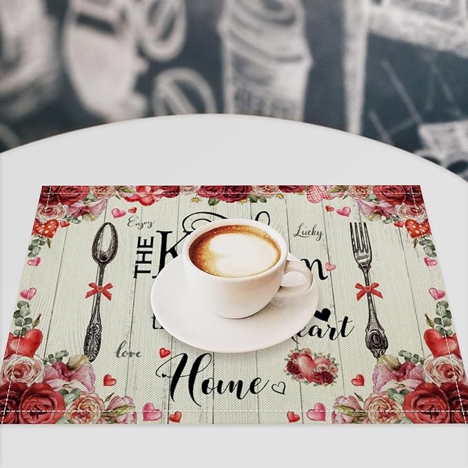 Retro Farmhouse Placemat Set, Romantic Pink Rose Floral Rural Plank Art Sketch Cutlery Knife Fork Inspirational Quotes Pattern Home Decor Linen Table Mats for Dining Room Kitchen Party (17x12in) x2P