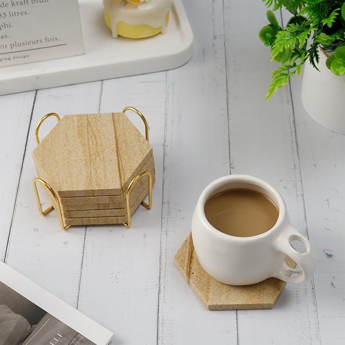 Hexagonal Sandstone Coaster Set of 6, Highly Absorbent Coasters for Drinks, Desert-Like Patterns Natural Sandstone Drink Coasters with Holder for Home Decor, Velvet Backed, Housewarming Gift