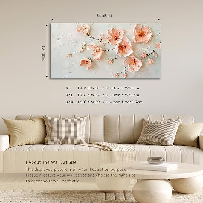 ADJUVANT Wall Art Impressionist Pink Floral 40"L x 20"W, Cherry Blossoms Canvas Painting Soft Petals Artwork Pastel Tones Prints Spring Flowers Wall Decor for Living Room Bedroom Bathroom Home Office