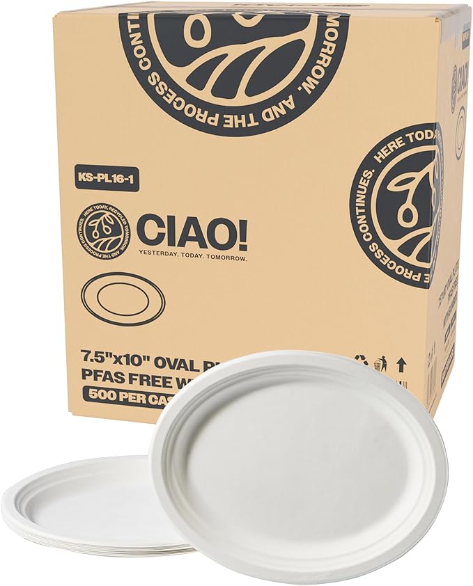 CIAO! 7.5"X10" Heavy Duty Oval Plate 100% Compostable PFAS Free made with Unbleached Bagasse Natural White (Pack of 500)