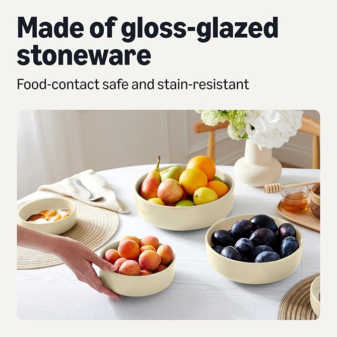 Amazon Basics Glazed Stoneware Serving Bowls, 3-Piece Set, Dishwasher-Safe, Ivory