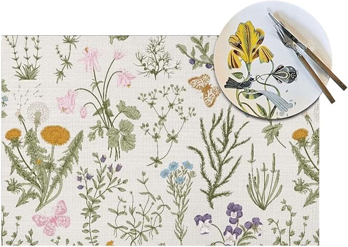 Placemats Set of 4 Vintage Wildflower Herbs Floral Rustic Butterfly Place Mats Floral Woven Table Mats Washable PVC Placemat for Dining Kitchen Decor Indoor Outdoor, 12 x 18 Inch