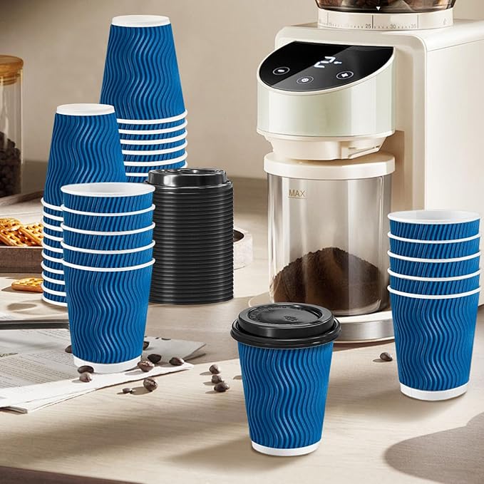 100 Pack Coffee Cups with Lids 10 oz, Disposable Insulated Ripple Wall To Go Paper Coffee Cups for Hot/Cold Drinks Office Home Shop Event (Navy)