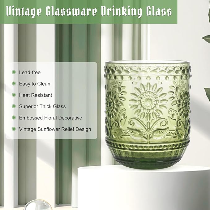 Topsky Vintage Drinking Glass Set of 4,12 oz Embossed Floral Drinkware Set,Green Drinking Glasses Cups Wine Glasses Colored Glassware for Whisky,Beer,Juice,Cocktail,Heavy Duty