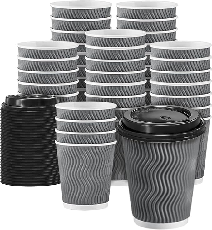 100 Pack 10 oz Disposable Coffee Cups with Lids, Insulated Ripple Wall To-Go Paper Coffee Cups Suitable for Chocolate Cocoa and Hot/Cold Drinks (Grey)