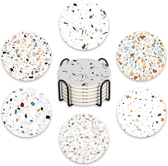 Terrazzo Ceramic Coasters with Holder Set of 6, Modern Art Absorbent Drink Cup Mat for Coffee Table Protection, 4 Inches Minimalist Artistic Home Kitchen Decor Housewarming Gifts