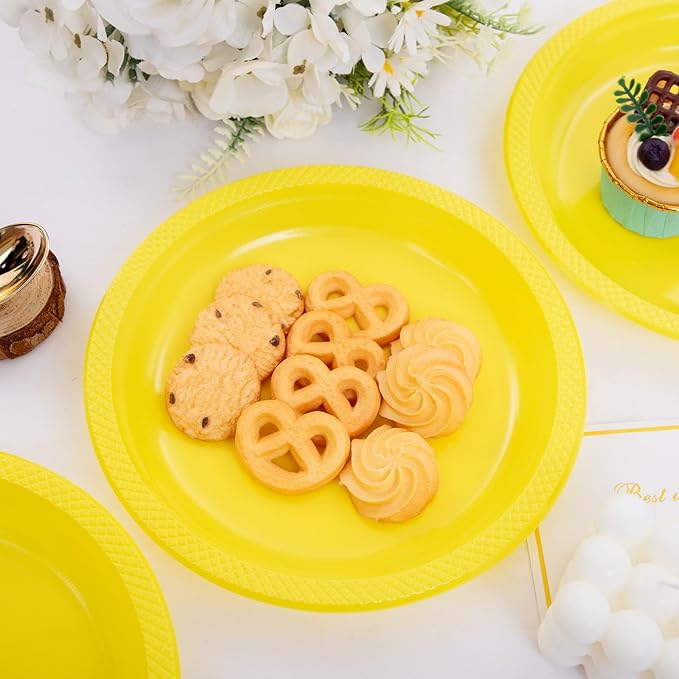 WELLIFE Yellow Party Plates 7 Inch -150 Count, Plastic Disposable Dessert Plates for Party Easter Mother's Day Cake Appetizers Salad Picnic BBQ