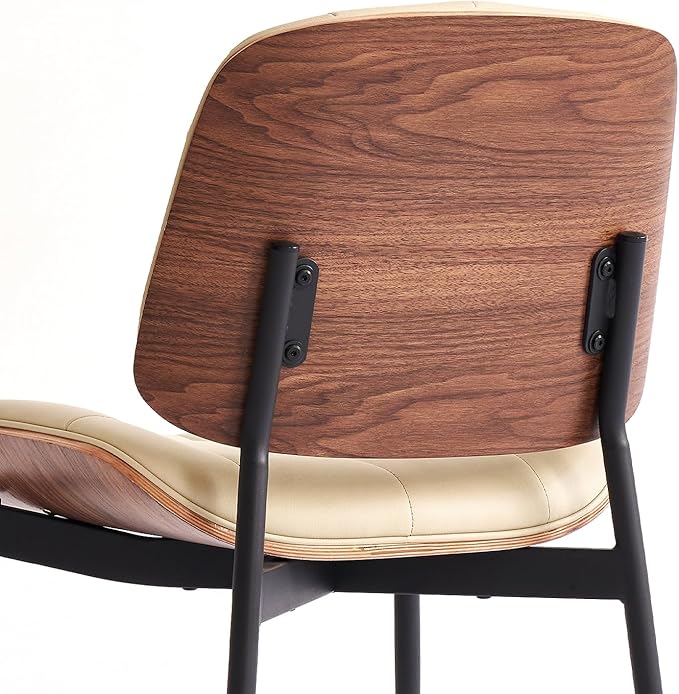 Mid Century Modern Dining Chairs with Walnut Grain Back, Beige Faux Leather Dining Room Chairs Set of 2, Checkered Soft Cushion Kitchen Chairs with Adjustable Foot Pads