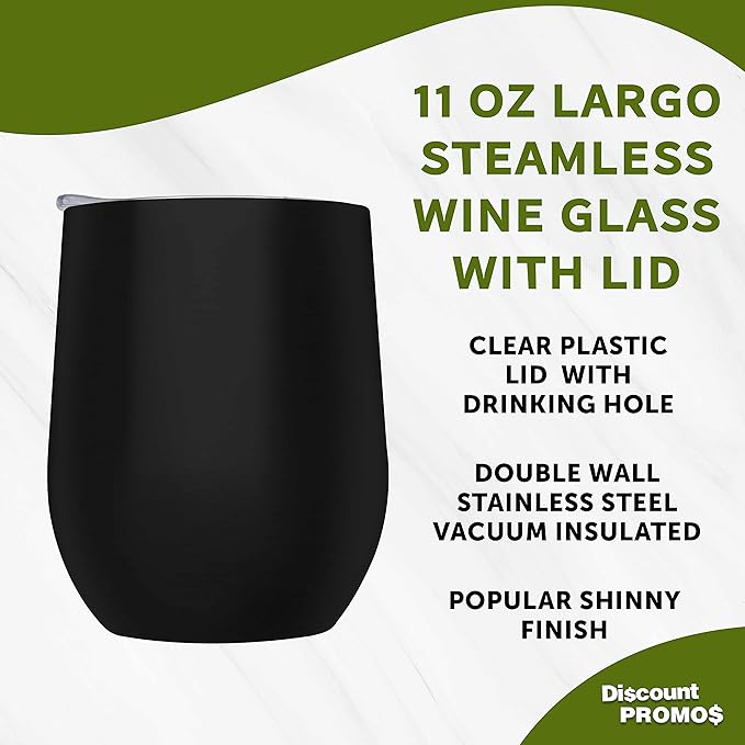 DISCOUNT PROMOS Stemless Wine Glass Tumblers with Lids by Largo 11 oz. Set of 6, Bulk Pack - Perfect for Wine, Cocktails, Other Hot & Cold Beverages - Black