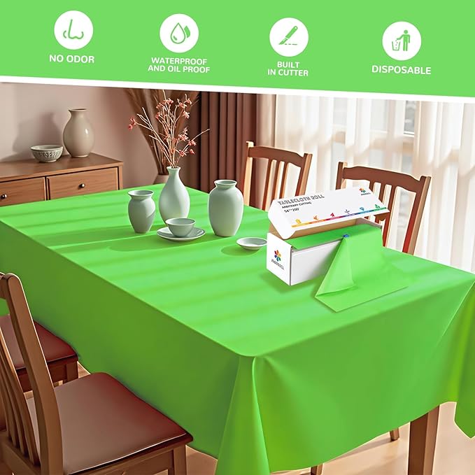 54 Inch X 200 Feet Plastic Table Cover Roll with Convenient Slide Cutter, Disposable Plastic Table Cloth Roll with Cut-to-Size Design for Weddings, Banquets, Parties (Lime Green)