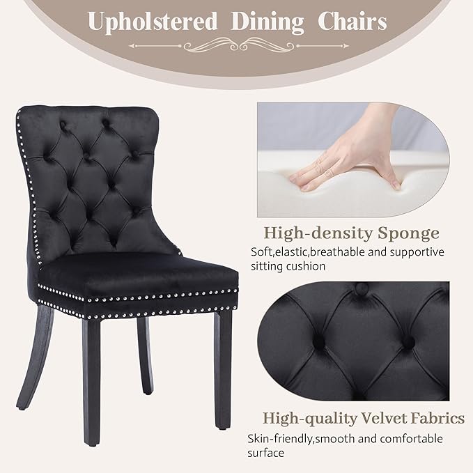 KCC Velvet Dining Chairs Set of 4, Upholstered High-end Tufted Dining Room Chair with Nailhead Back Ring Pull Trim Solid Wood Legs, Nikki Collection Modern Style for Kitchen, Black