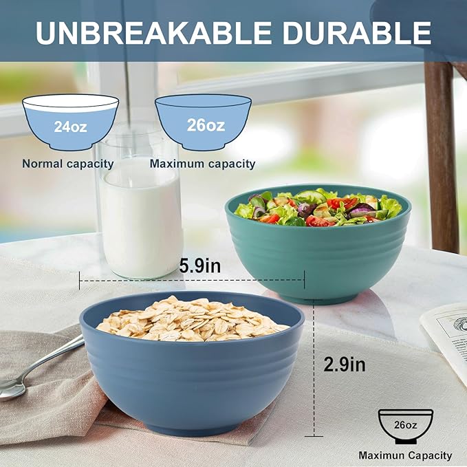 Wheat Straw Bowl 26oz, Unbreakable Cereal Bowls Set of 6, Lightweight Soup & Ramen Bowl, Microwave & Dishwasher Safe Kitchen Bowls for Party, RV, Camping, Picnic - Multi