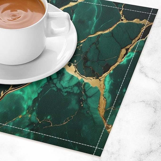 Marble Linen Placemats Set of 2, Modern Luxury Foil Texture Hunter Green White Gold Marble 12x17 Inch Washable Table Mats Non Slip Placemats for Wedding Party Kitchen Banquets Dining Decoration