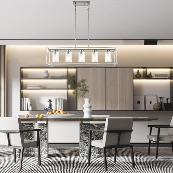 XILICON Dining Room Lighting Fixture Hanging Farmhouse Brushed Nickel 5 Light Modern Pendant Lighting Contemporary Chandeliers with Glass Shade for Living Dining Room Bedroom Kitchen Island