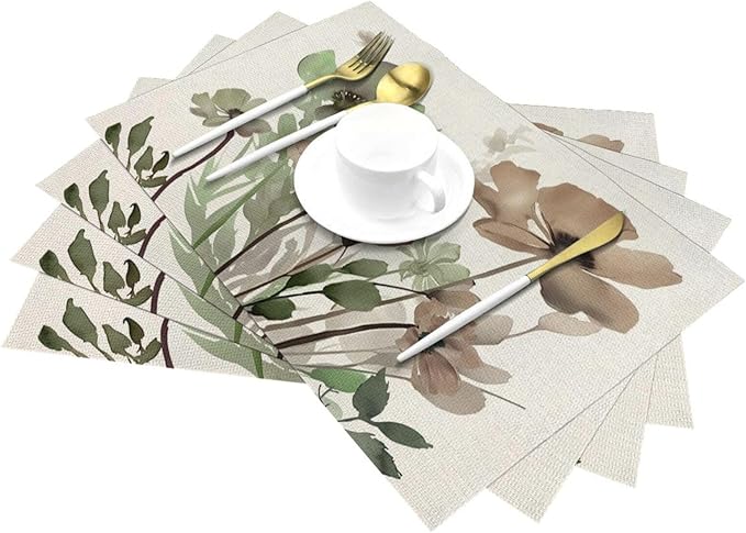Spring Floral Placemats 12x18 Inches Set of 4,Watercolor Brown Green Flower Decorative Rectangle Summer Decor Floral Decoration Table Mats for Party, Home Kitchen,Dining Table Decoration