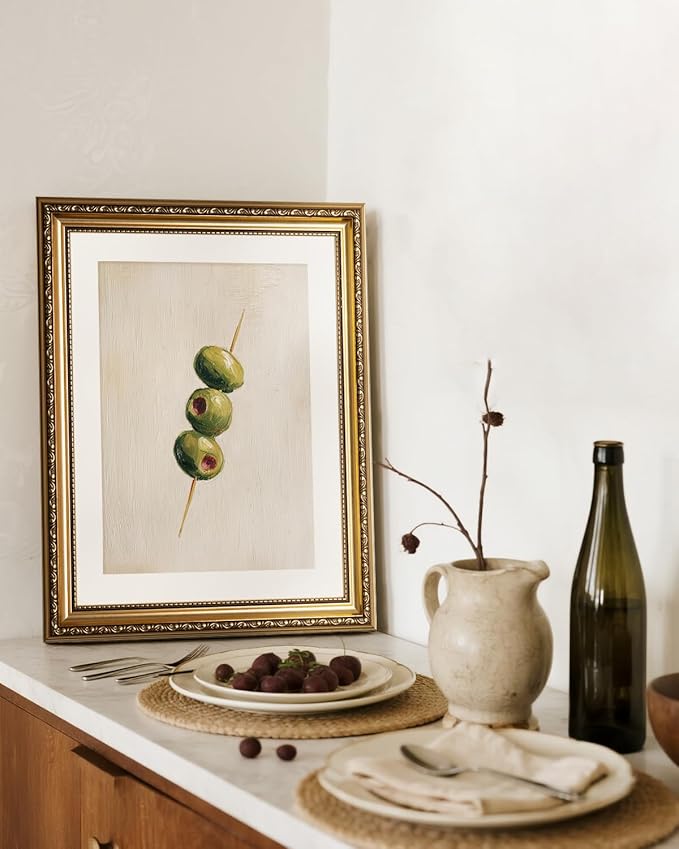 InSimSea Gold Framed Wall Art, Living Room Vintage Olives Oil Painting Wall Shelf Decor, Still Life Canvas Print Art, Home Farmhouse Decor, Antique Paintings with Picture Frame 13x16inch