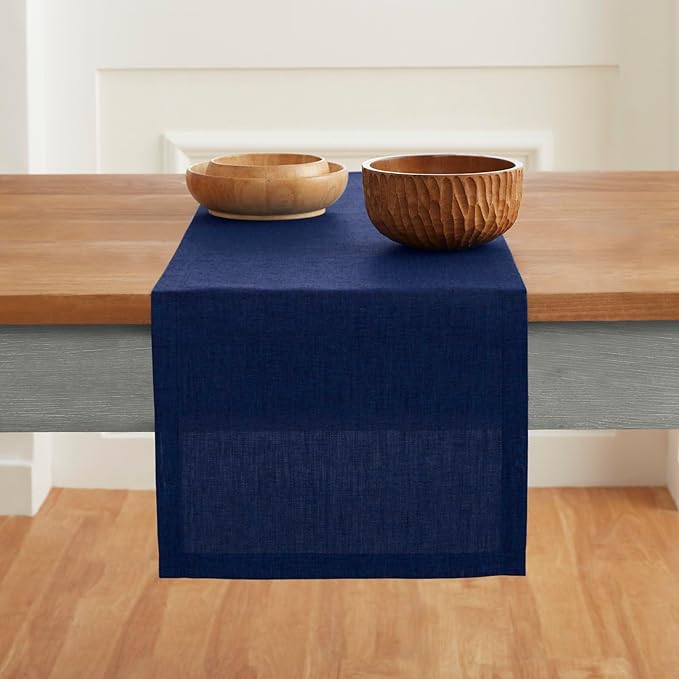 Solino Home Linen Short Table Runner 48 Inches - Athena, 100% Pure Linen Royal Blue Table Runner 14 x 48 Inch Ideal for Dresser and Coffee Tables - Winter